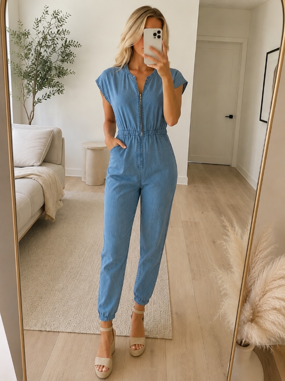Bebe Chambray Zip Front Cap Sleeve Jumpsuit XS